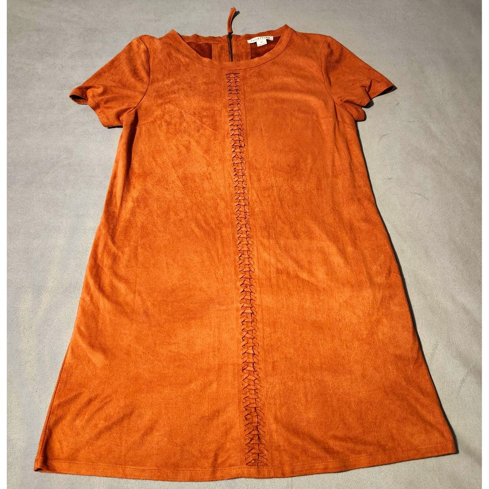 Loveriche M Rust Faux Suede Dress Ladder Stitch Boho Western Shift Mini Fall